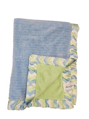 Baby Essentials Blue Green Blanket Satin Trim Chevron Security Lovey Ribbed